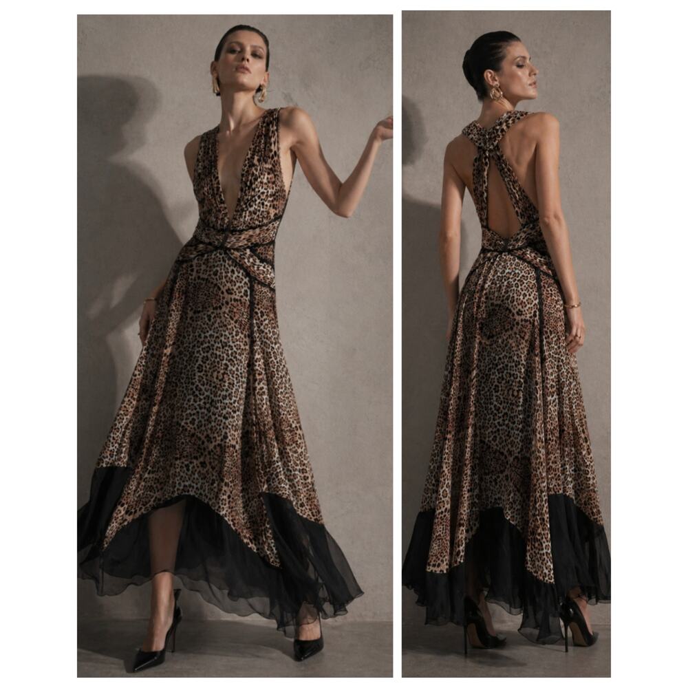 Mandalay Leopard Silk Maxi Dress Size 10 NWT Deep V Gown